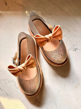 Mini Melissa Girls Pink Silver Gold Glitter Bow Mary Jane Flats